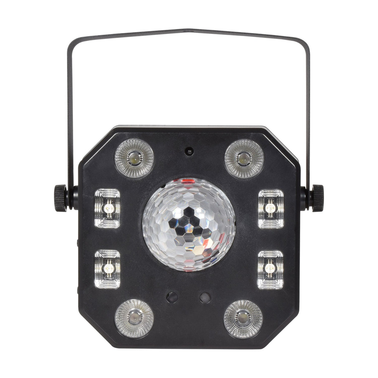 QTX Pentaflash 5-in-1 LED par strobe laser effect light in black ABS housing with RGBW effect ball, par LEDs, strobes and mounting bracket.