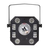 QTX Pentaflash 5-in-1 LED par strobe laser effect light in black ABS housing with RGBW effect ball, par LEDs, strobes and mounting bracket.