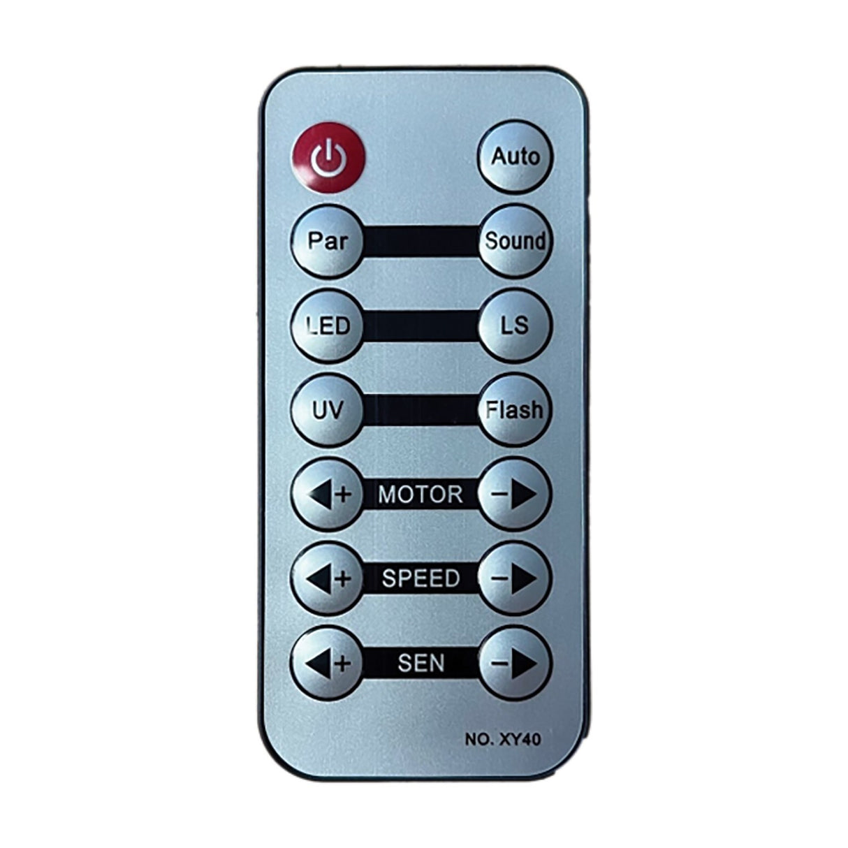 QTX Pentaflash infrared remote control with red power button and labelled buttons for Par, Sound, LED, LS, UV, Flash, Motor, Speed and Sen.