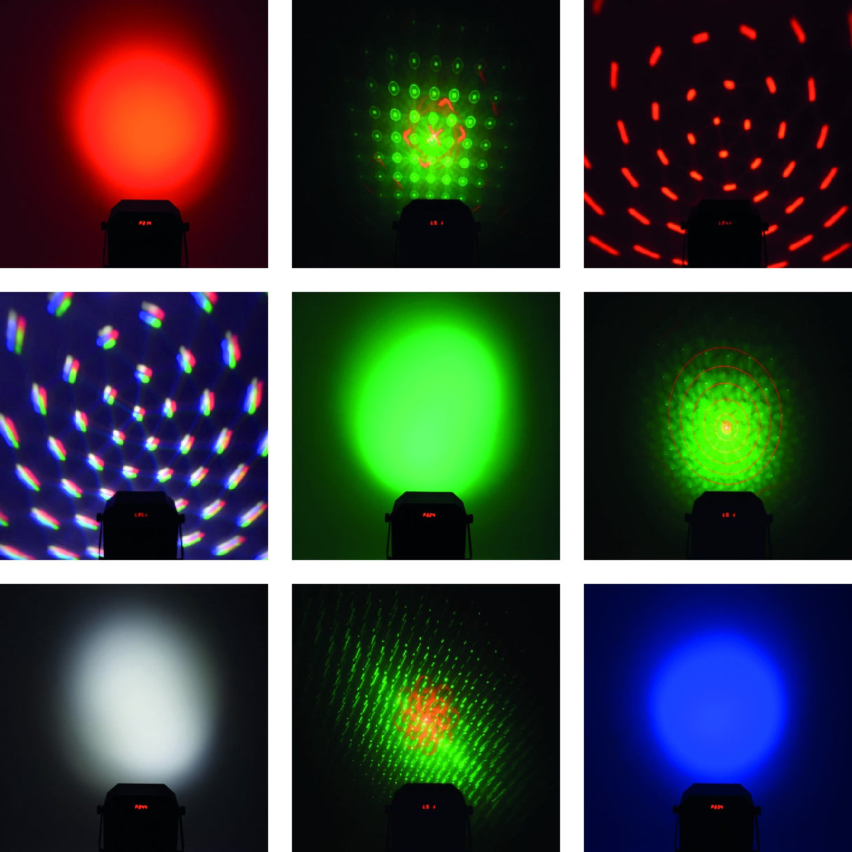 QTX Pentaflash 5-in-1 LED Par effect light grid showing red, green and blue washes, RGBW rotating ball patterns, white strobe and red/green laser projections.