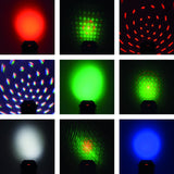 QTX Pentaflash 5-in-1 LED Par effect light grid showing red, green and blue washes, RGBW rotating ball patterns, white strobe and red/green laser projections.