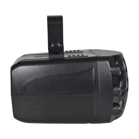 Side view of the QTX Butterfly Effect 3-in-1 LED and laser light by AVSL, showing the black casing, vents and mounting bracket with knob on a white background.