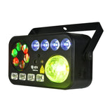 QTX GOBO-Hex 6-in-1 LED and laser effect light in matte black casing with GOBO lens, UV strobes, RGBW PARs, green magic ball and mounting bracket.