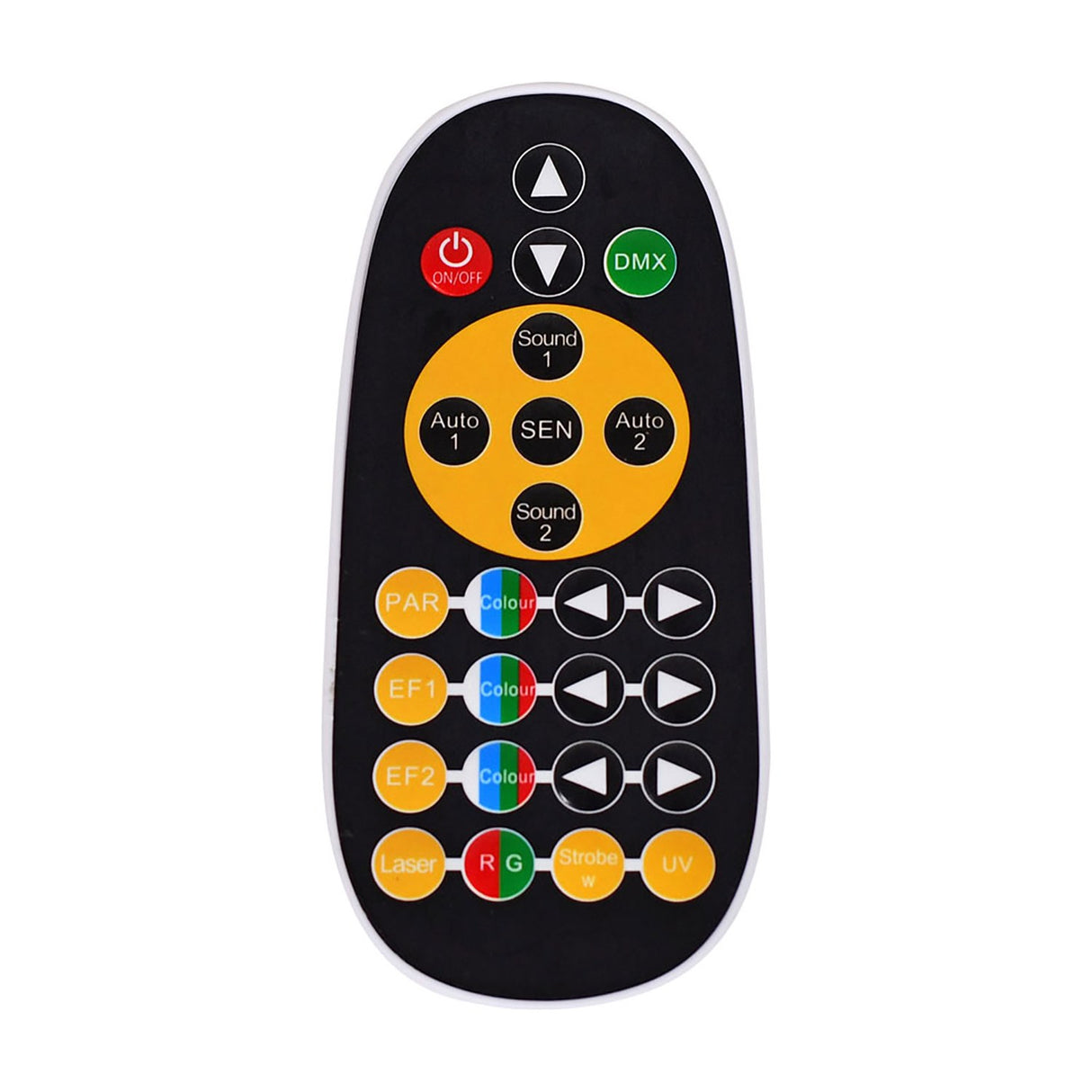 IR remote for the QTX GOBO-Hex effect light by AVSL, with on/off, DMX, sound, auto, PAR, EF1, EF2, laser, strobe and UV buttons on a black casing.