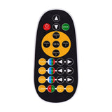 IR remote for the QTX GOBO-Hex effect light by AVSL, with on/off, DMX, sound, auto, PAR, EF1, EF2, laser, strobe and UV buttons on a black casing.