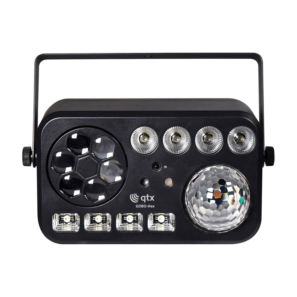 QTX GOBO-Hex 6-in-1 LED and laser effect light with hex GOBO lens, magic ball, strobe LEDs and RGBW PARs in a black casing with mounting bracket.