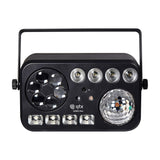QTX GOBO-Hex 6-in-1 LED and laser effect light with hex GOBO lens, magic ball, strobe LEDs and RGBW PARs in a black casing with mounting bracket.