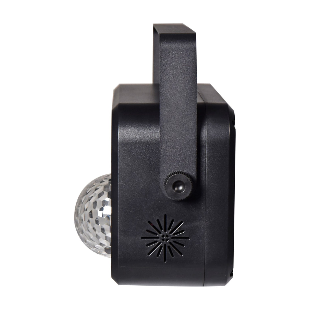 Side view of the QTX GOBO-Hex 6-in-1 LED and laser effect light by AVSL, showing its black casing, mounting bracket, knob and vented panel.