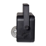 Side view of the QTX GOBO-Hex 6-in-1 LED and laser effect light by AVSL, showing its black casing, mounting bracket, knob and vented panel.