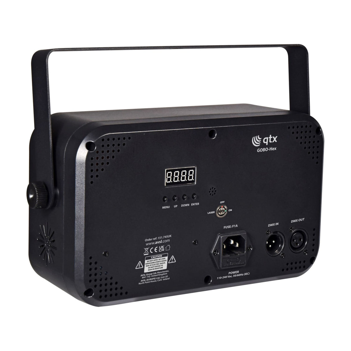 Rear view of the QTX GOBO-Hex effect light showing the four-digit display, menu buttons, laser switch, IEC power inlet and 3-pin XLR DMX in/out.