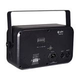 Rear view of the QTX GOBO-Hex effect light showing the four-digit display, menu buttons, laser switch, IEC power inlet and 3-pin XLR DMX in/out.