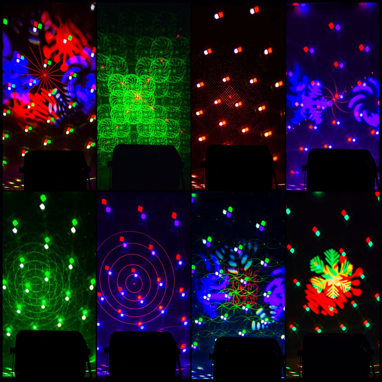 Eight-panel grid showing QTX GOBO-Hex LED and laser effect light projections including GOBOs, magic ball, UV strobe, PARs and red/green laser patterns.