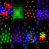 Eight-panel grid showing QTX GOBO-Hex LED and laser effect light projections including GOBOs, magic ball, UV strobe, PARs and red/green laser patterns.