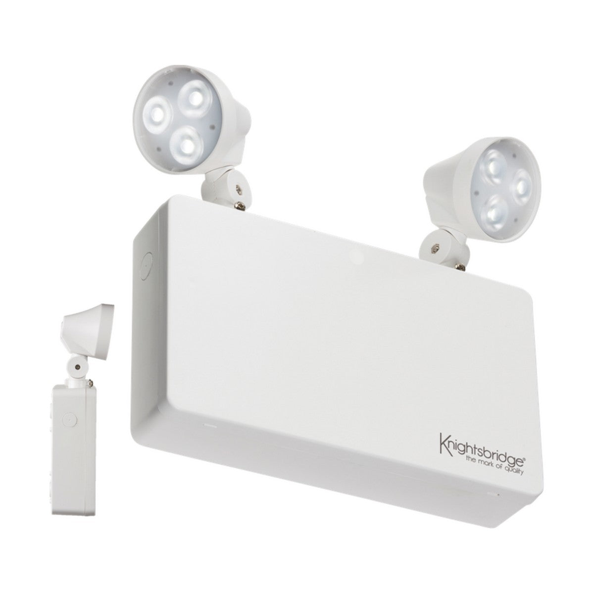 Introducing the Indoor Non-Maintained Emergency LED Twin Spot Bulkhead, a white unit featuring two adjustable LED lamps that emit a crisp 6000K daylight glow. It includes a smaller detachable lamp on the side and boasts durable polycarbonate construction with the Knightsbridge brand name prominently displayed on the front.