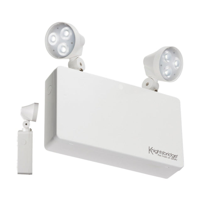 Introducing the Indoor Non-Maintained Emergency LED Twin Spot Bulkhead, a white unit featuring two adjustable LED lamps that emit a crisp 6000K daylight glow. It includes a smaller detachable lamp on the side and boasts durable polycarbonate construction with the Knightsbridge brand name prominently displayed on the front.