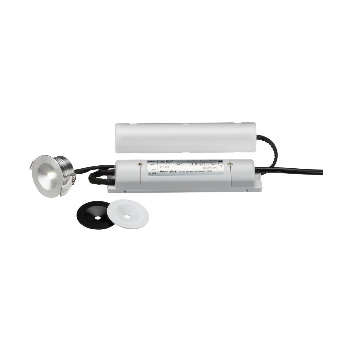 Introducing the 3W LED Emergency Downlight - Self-Test, a recessed lighting fixture constructed with a durable polycarbonate body and wires. It comes complete with a protective cover and two interchangeable round mounting plates in black and white, providing versatile installation options. Perfect for enhancing indoor lighting or providing emergency illumination.