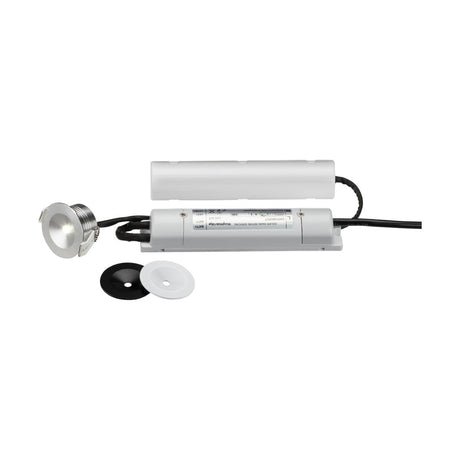Introducing the 3W LED Emergency Downlight - Self-Test, a recessed lighting fixture constructed with a durable polycarbonate body and wires. It comes complete with a protective cover and two interchangeable round mounting plates in black and white, providing versatile installation options. Perfect for enhancing indoor lighting or providing emergency illumination.