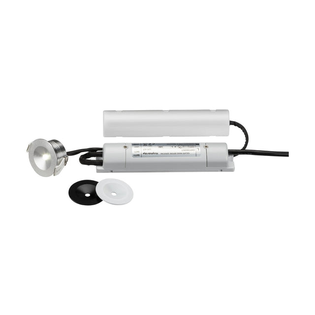 Introducing the 3W LED Emergency Downlight - Self-Test, a recessed lighting fixture constructed with a durable polycarbonate body and wires. It comes complete with a protective cover and two interchangeable round mounting plates in black and white, providing versatile installation options. Perfect for enhancing indoor lighting or providing emergency illumination.