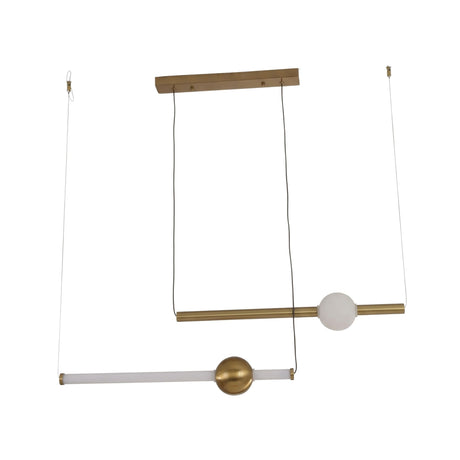 The Sottile LED Horizontal Suspension Light in gold features slim bars suspended by wires, each with a white or gold globe on a rectangular gold ceiling plate, creating a minimalist look against a white background.