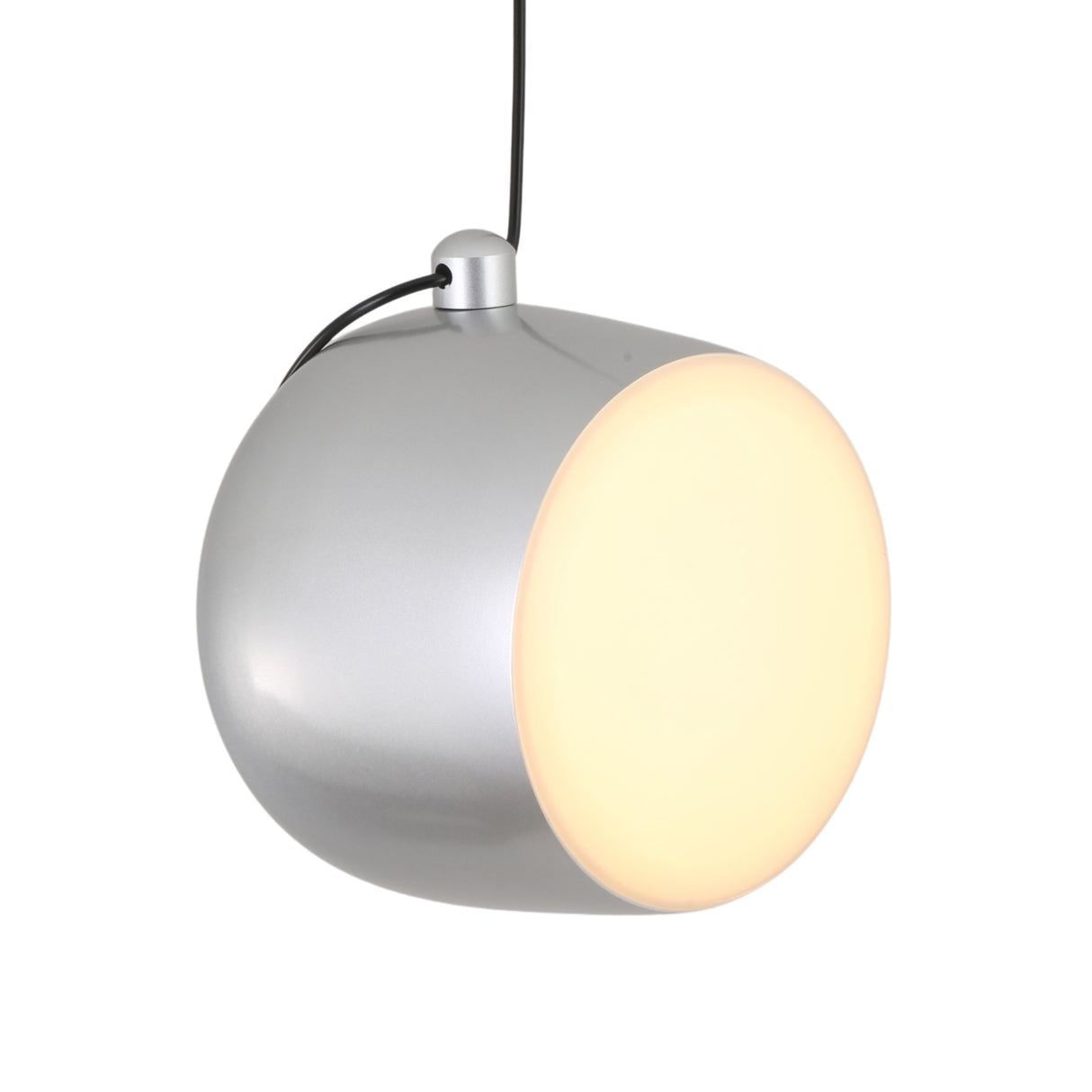 The Mono LED Pendant Light - Grey features a modern dome design with a matte silver finish, suspended by a black cord. Its front face emits a warm, diffused glow, ideal for stylish, contemporary kitchen lighting.