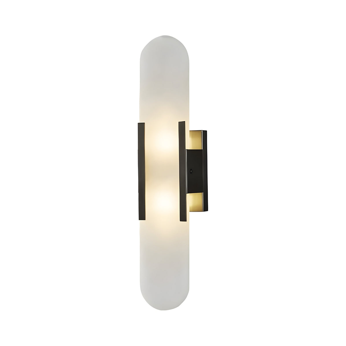 The Lirone 1 Light Large Vertical Capsule Alabaster Wall Light features an elongated alabaster shade and a black rectangular mount, emitting soft white light for a modern look.