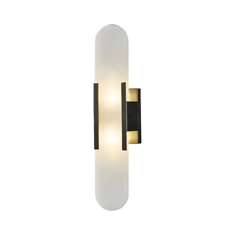 The Lirone 1 Light Large Vertical Capsule Alabaster Wall Light features an elongated alabaster shade and a black rectangular mount, emitting soft white light for a modern look.