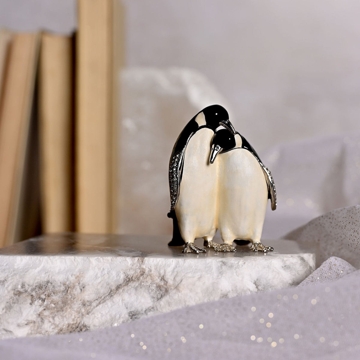 Pair of Penguins Hand Painted Metal Trinket Box - Black