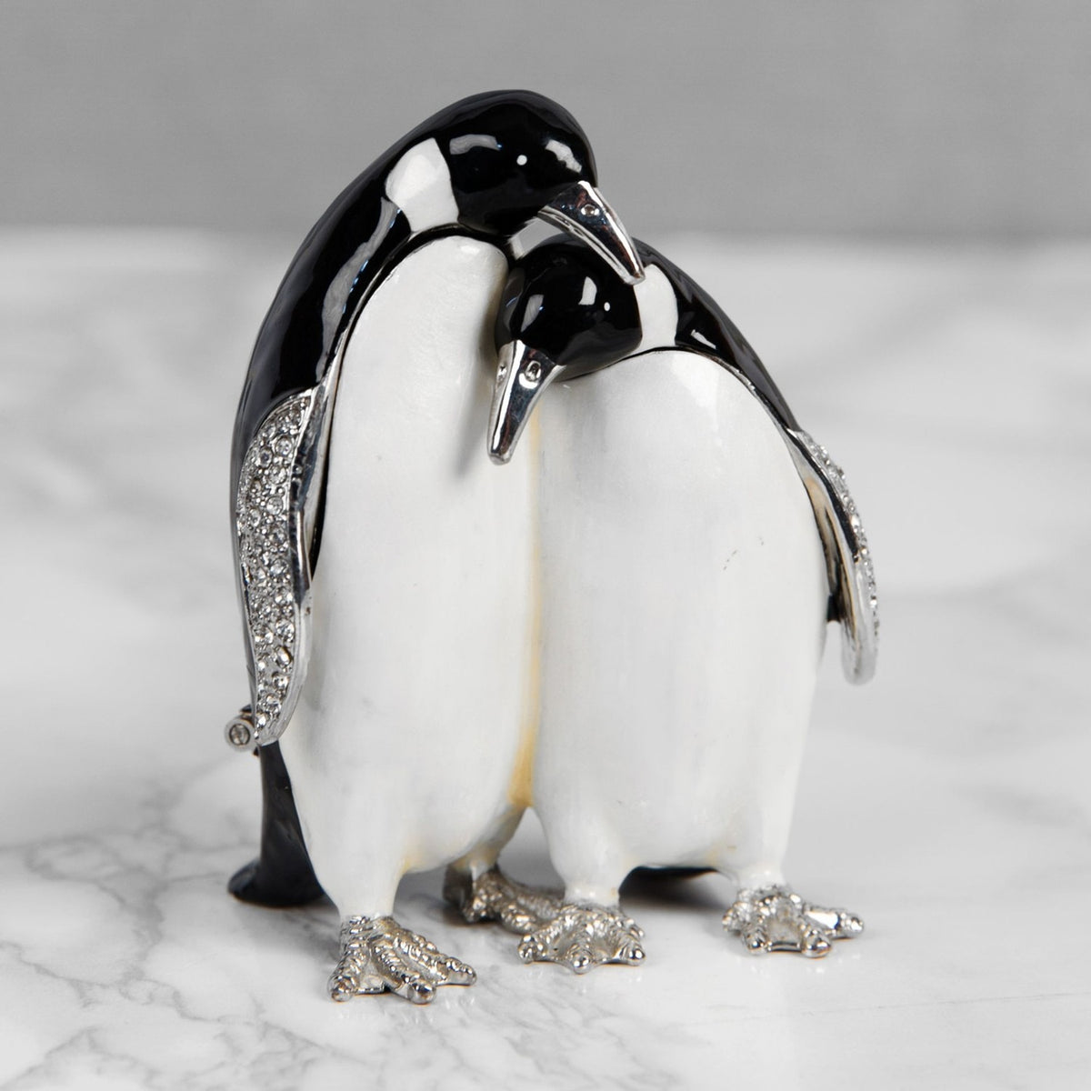 Pair of Penguins Hand Painted Metal Trinket Box - Black