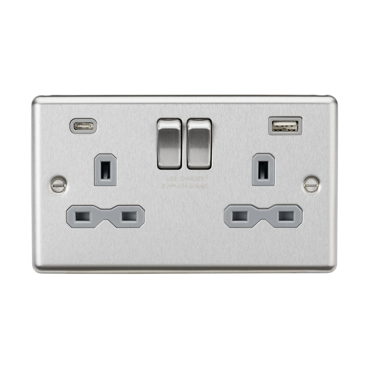 A brushed chrome double wall socket with a rounded edge design featuring two UK plug outlets, dual USB A+C ports, and two toggle switches. This 13A 2 Gang SP Switched Socket blends functionality with modern aesthetics, making it suitable for various spaces.