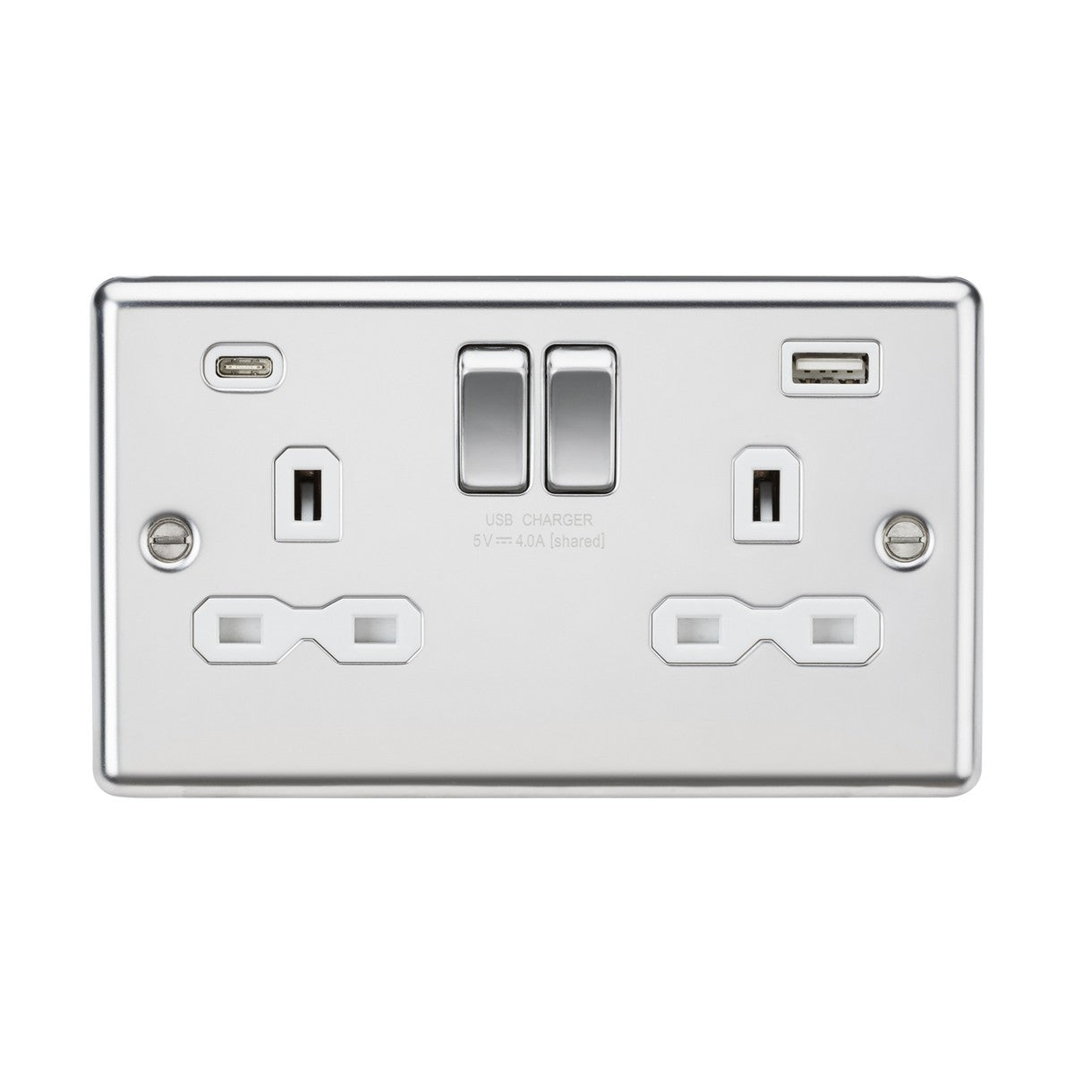 The 13A 2 Gang SP Switched Socket with Dual USB A+C features two standard plug outlets and dual USB charging ports, all in a polished chrome finish. It includes two centrally located switches and is perfect for modern electrical installations with its white insert and rounded edge design.