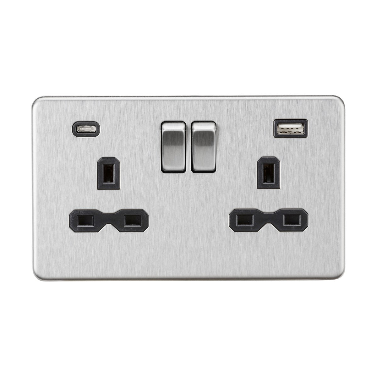 Introducing the 13A 2 Gang SP Switched Socket With Dual USB A+C in brushed chrome with a black insert and screwless design. This stylish socket includes two standard plug outlets, dual toggle switches, and convenient charging options with a USB-C port on the left and a USB-A port on the right.