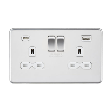 The 13A 2 Gang SP Switched Socket with Dual USB A+C in Polished Chrome offers a stylish screwless design, featuring a metallic plate that houses two central switches. The USB-C ports are conveniently placed above each charger socket.