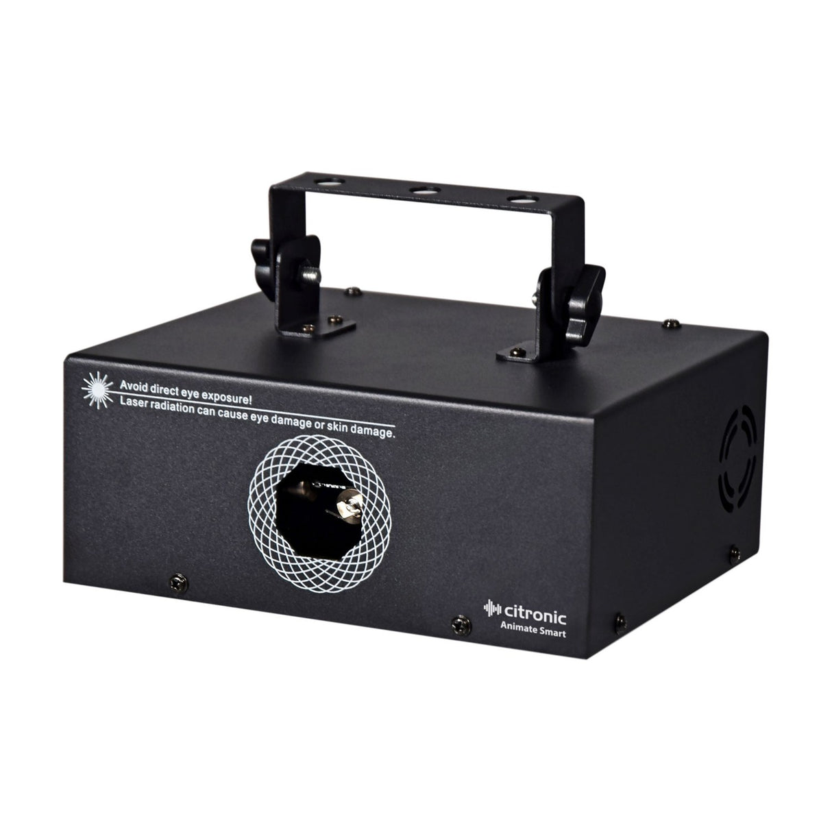 Citronic Animate Smart RGB animation laser in a compact matte black metal housing with mounting bracket and safety warning label, on a white background.