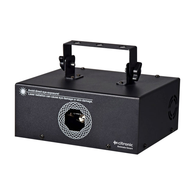 Citronic Animate Smart RGB animation laser in a compact matte black metal housing with mounting bracket and safety warning label, on a white background.
