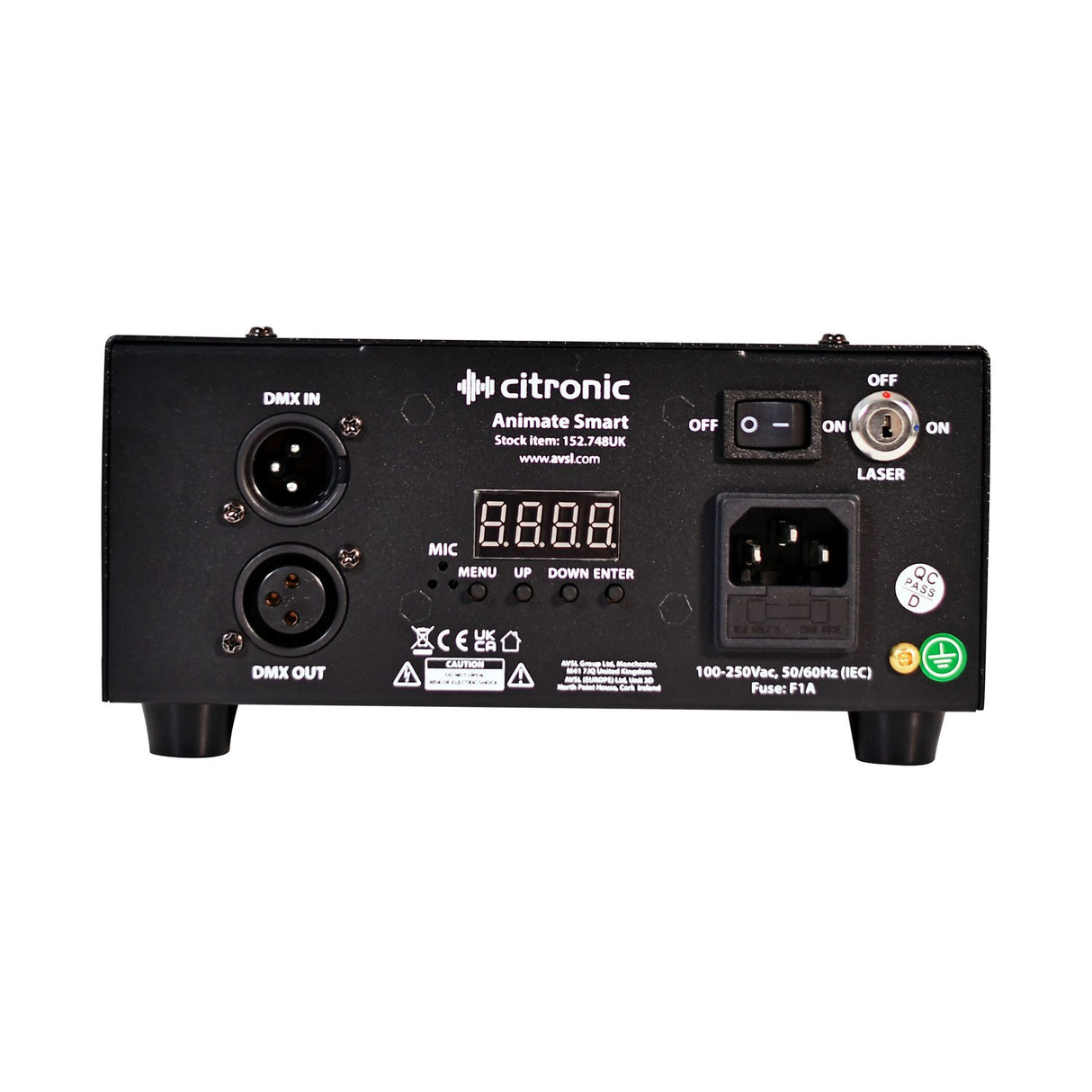 Rear panel of Citronic Animate Smart RGB animation laser by AVSL with DMX in/out XLR ports, IEC power inlet, laser safety key, on/off switch and menu buttons.