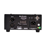 Rear panel of Citronic Animate Smart RGB animation laser by AVSL with DMX in/out XLR ports, IEC power inlet, laser safety key, on/off switch and menu buttons.
