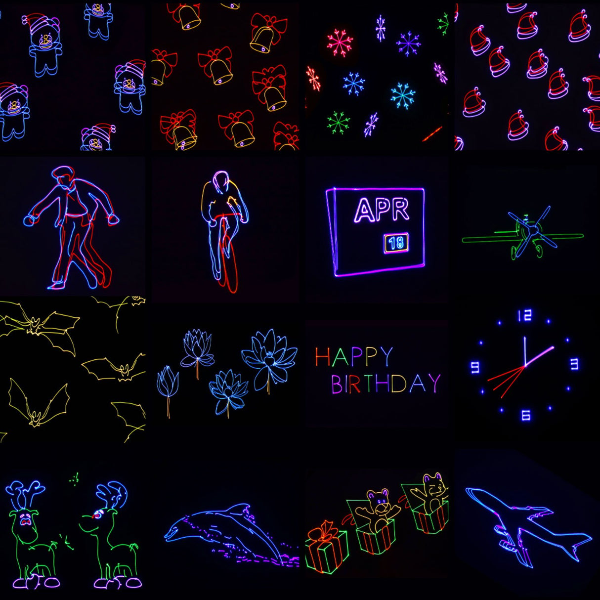 Grid of RGB laser projections from the Citronic Animate Smart showing festive motifs, figures, animals, flowers, a calendar, clock and Happy Birthday text.