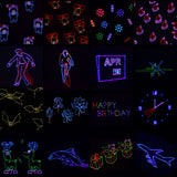 Grid of RGB laser projections from the Citronic Animate Smart showing festive motifs, figures, animals, flowers, a calendar, clock and Happy Birthday text.
