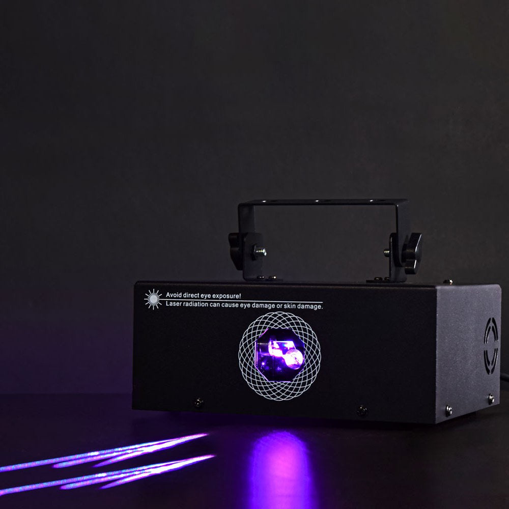 Citronic Animate Smart RGB Animation Laser by AVSL, compact black metal housing with mounting bracket, projecting purple beams on a dark background.