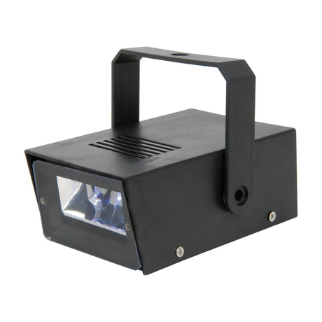 QTX Mini LED Strobe by AVSL, a compact black ABS battery-powered stage light with faceted lens, adjustable bracket handle and top ventilation slots.