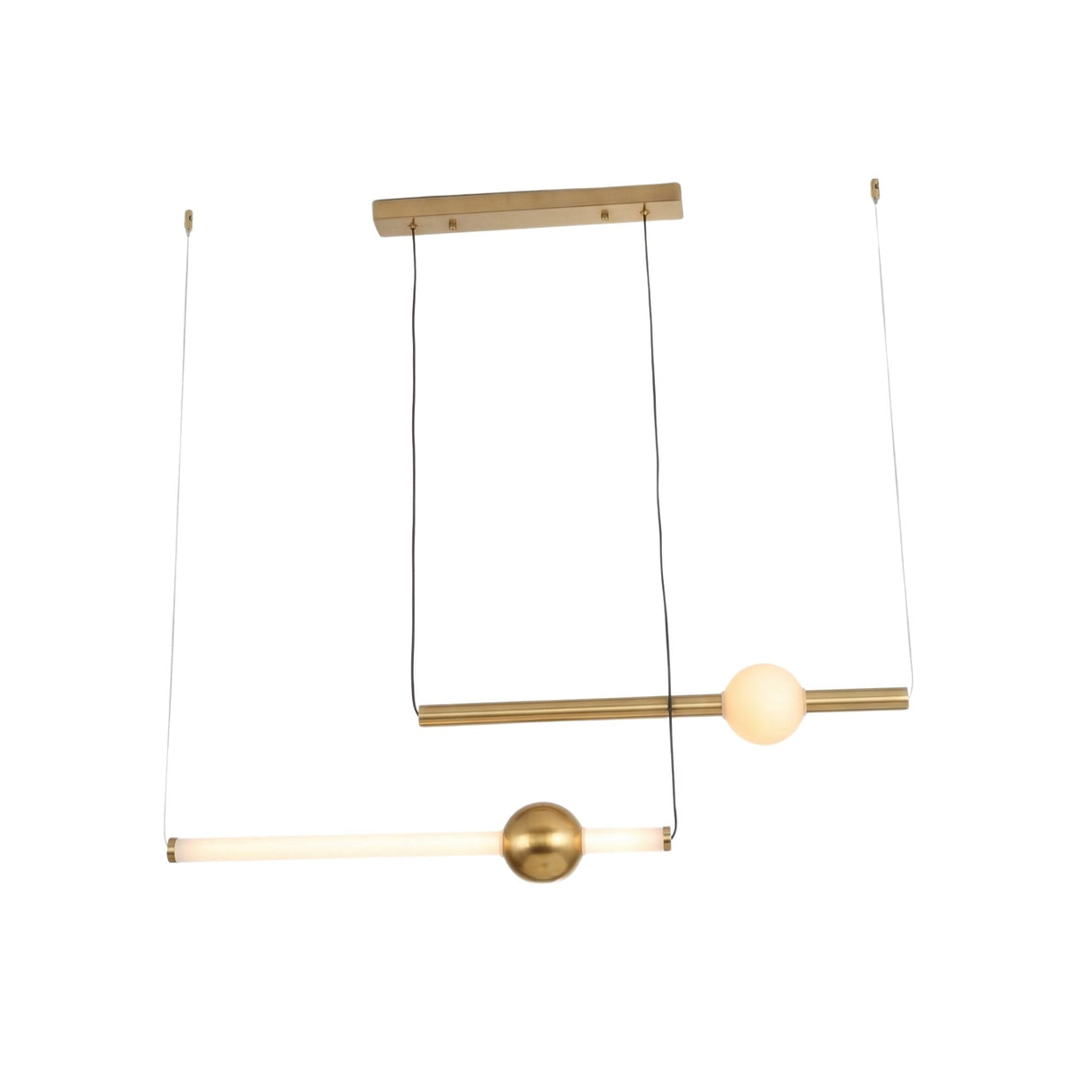 The Sottile LED Horizontal Suspension Light - Gold is a minimalist pendant featuring two parallel brass rods: one with a frosted globe, the other with a gold sphere and an LED light, all suspended by thin wires against a plain white background.