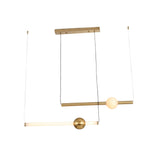 The Sottile LED Horizontal Suspension Light - Gold is a minimalist pendant featuring two parallel brass rods: one with a frosted globe, the other with a gold sphere and an LED light, all suspended by thin wires against a plain white background.