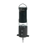 QTX battery powered disco ball motor by AVSL in black plastic, with top hanging hook, bottom carabiner clip and on/off switch, on a white background.