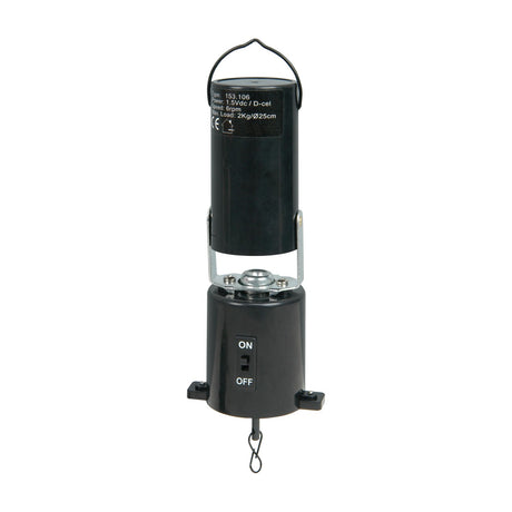 QTX battery powered disco ball motor by AVSL in black plastic, with top hanging hook, bottom carabiner clip and on/off switch, on a white background.