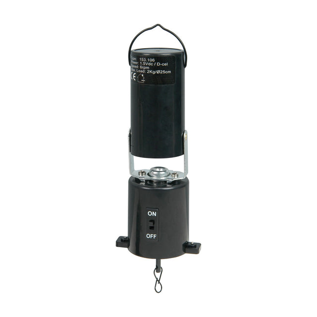 QTX battery powered disco ball motor by AVSL in black plastic, with top hanging hook, bottom carabiner clip and on/off switch, on a white background.