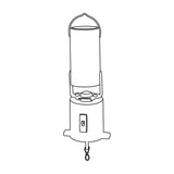 QTX battery powered disco ball motor line drawing showing cylindrical housing, top rotating hook, on/off switch and bottom carabiner clip.