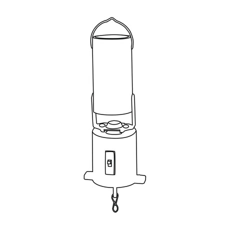QTX battery powered disco ball motor line drawing showing cylindrical housing, top rotating hook, on/off switch and bottom carabiner clip.