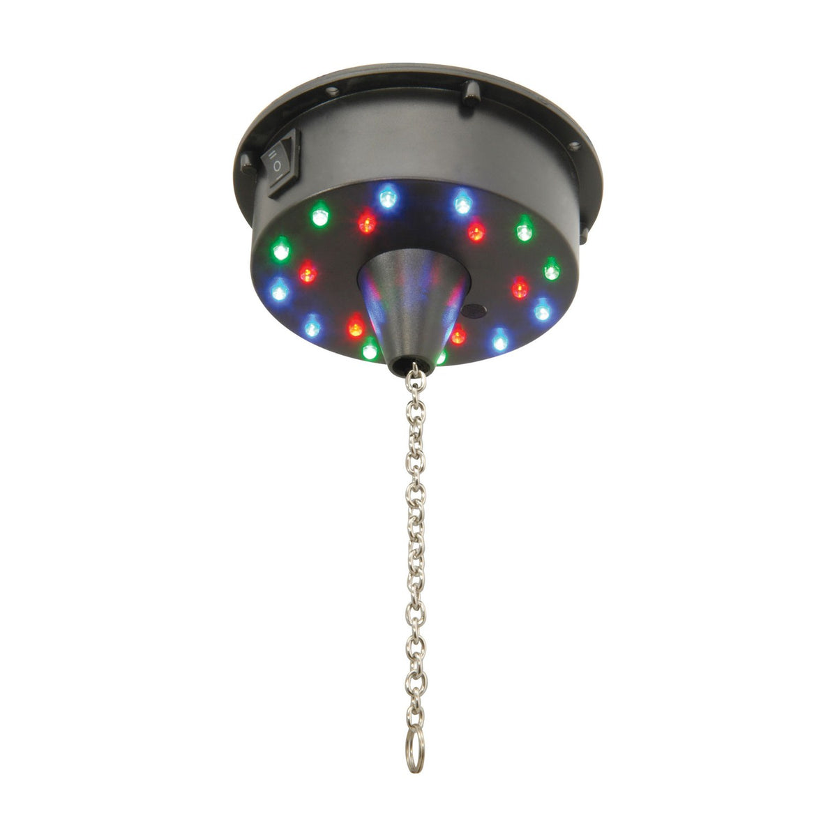 QTX battery-operated LED disco ball motor in black ABS with 18 RGB pin spot LEDs illuminated around the base and a chrome hanging chain below.
