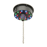 QTX battery-operated LED disco ball motor in black ABS with 18 RGB pin spot LEDs illuminated around the base and a chrome hanging chain below.