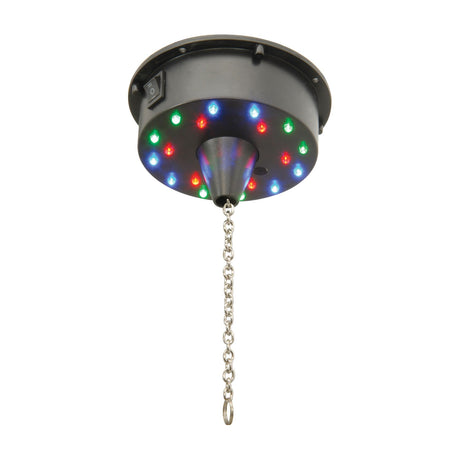 QTX battery-operated LED disco ball motor in black ABS with 18 RGB pin spot LEDs illuminated around the base and a chrome hanging chain below.